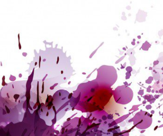 An abstract splash of purple, pink, and maroon paint with various splatters and blotches on a white background, creating a dynamic and textured composition.